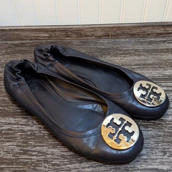 Tory Burch Minnie Travel Flats Navy/Silver Logo Size 8 M - Picture 1 of 4